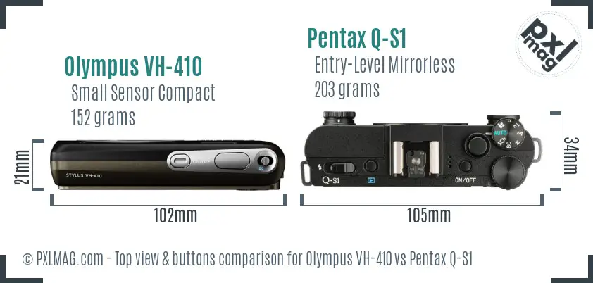Olympus VH-410 vs Pentax Q-S1 top view buttons comparison