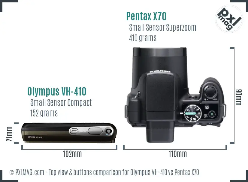Olympus VH-410 vs Pentax X70 top view buttons comparison Olympus VH-410 vs Pentax X70 top view buttons comparison