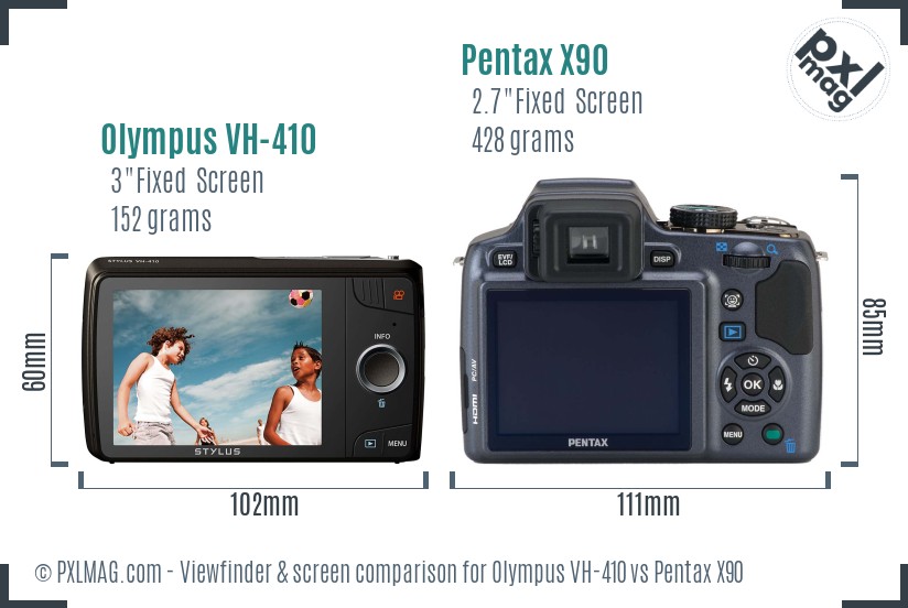 Olympus VH-410 vs Pentax X90 Screen and Viewfinder comparison