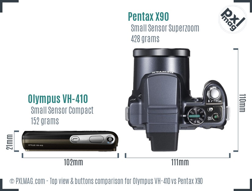 Olympus VH-410 vs Pentax X90 top view buttons comparison