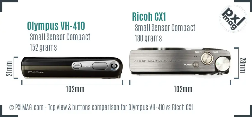 Olympus VH-410 vs Ricoh CX1 top view buttons comparison