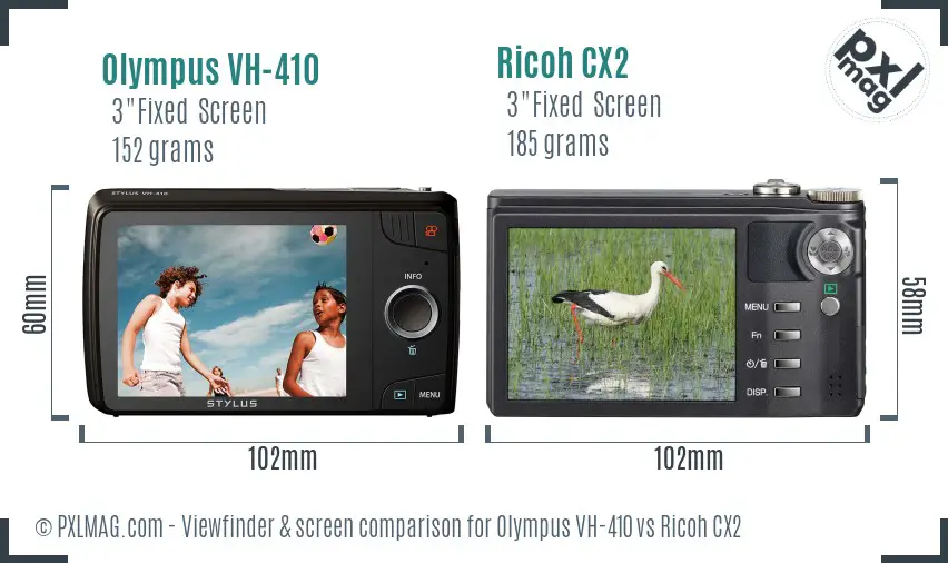Olympus VH-410 vs Ricoh CX2 Screen and Viewfinder comparison