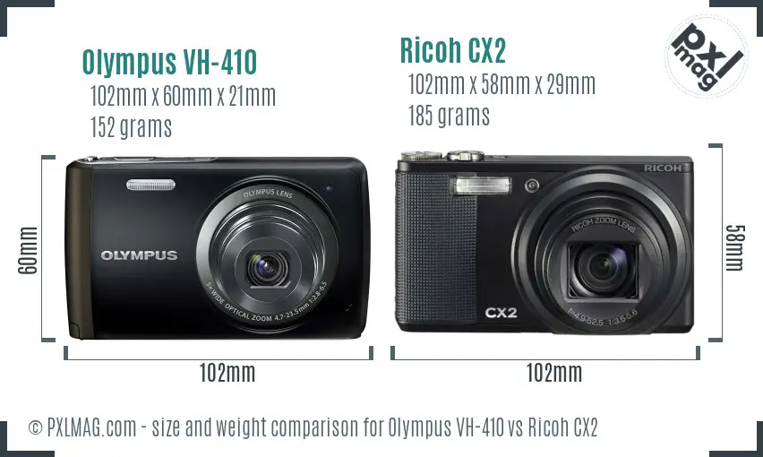 Olympus VH-410 vs Ricoh CX2 size comparison