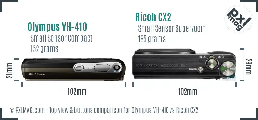 Olympus VH-410 vs Ricoh CX2 top view buttons comparison