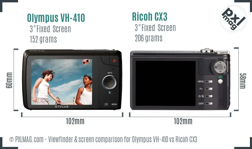 Olympus VH-410 vs Ricoh CX3 Screen and Viewfinder comparison