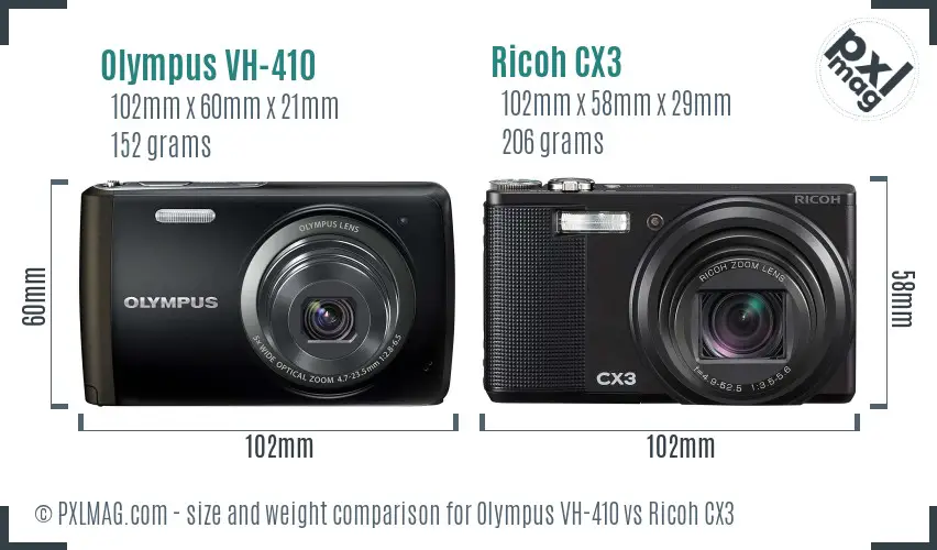 Olympus VH-410 vs Ricoh CX3 size comparison