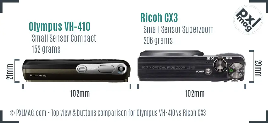 Olympus VH-410 vs Ricoh CX3 top view buttons comparison