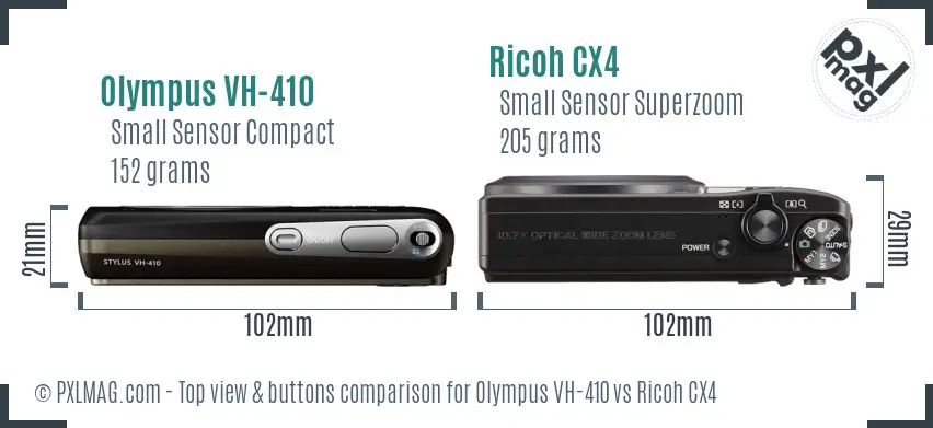 Olympus VH-410 vs Ricoh CX4 top view buttons comparison Olympus VH-410 vs Ricoh CX4 top view buttons comparison