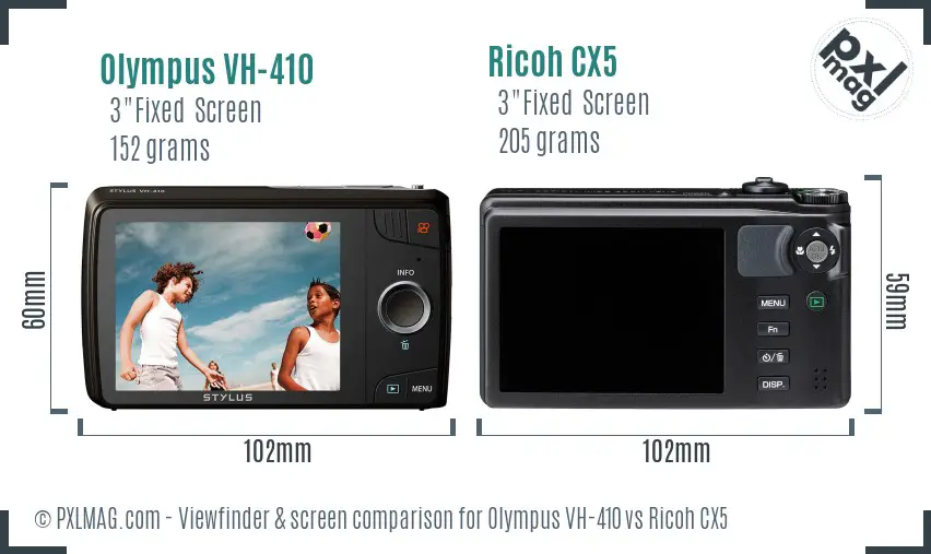 Olympus VH-410 vs Ricoh CX5 Screen and Viewfinder comparison