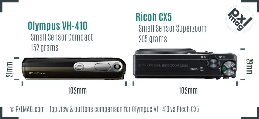 Olympus VH-410 vs Ricoh CX5 top view buttons comparison