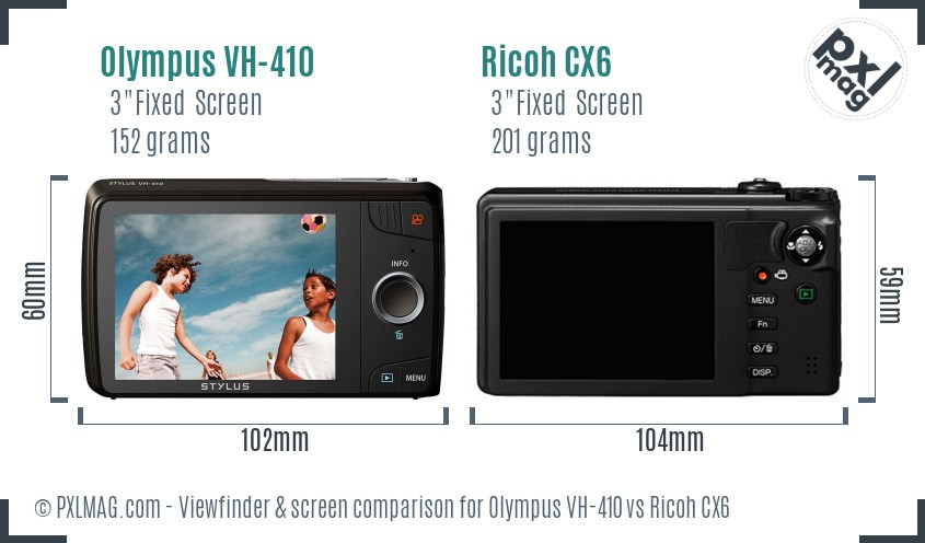 Olympus VH-410 vs Ricoh CX6 Screen and Viewfinder comparison