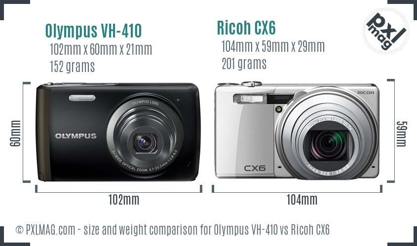Olympus VH-410 vs Ricoh CX6 size comparison