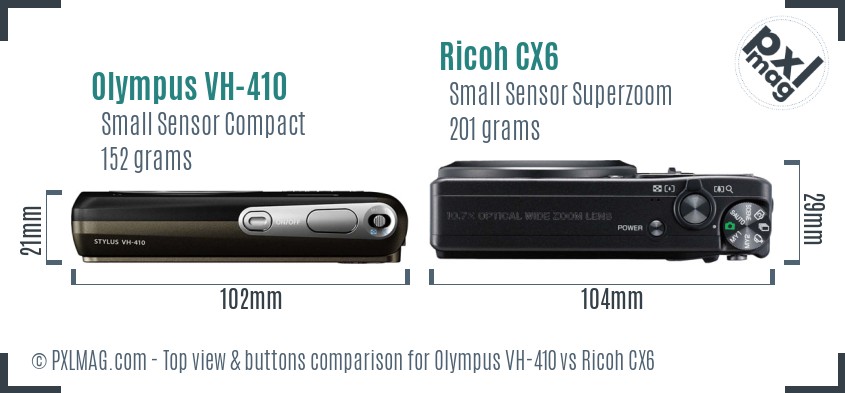 Olympus VH-410 vs Ricoh CX6 top view buttons comparison