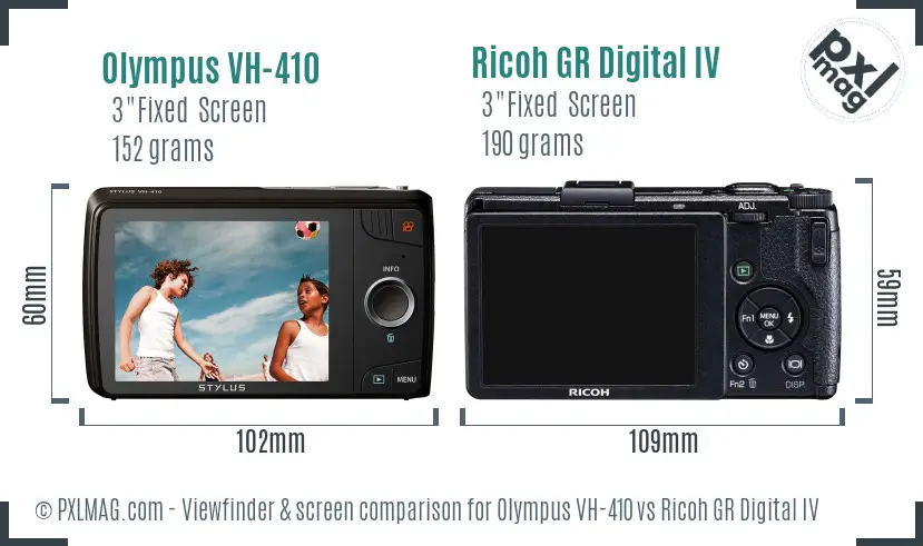 Olympus VH-410 vs Ricoh GR Digital IV Screen and Viewfinder comparison
