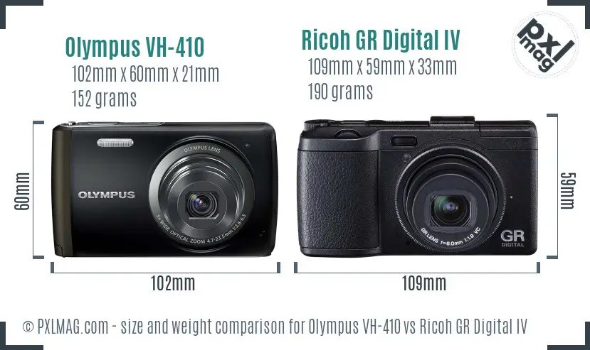 Olympus VH-410 vs Ricoh GR Digital IV size comparison