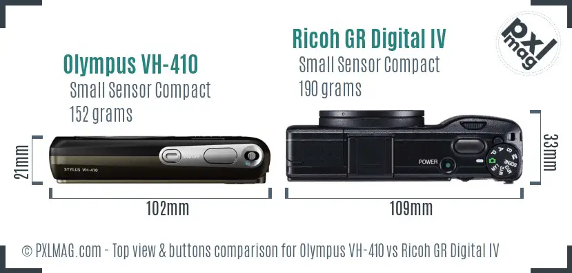 Olympus VH-410 vs Ricoh GR Digital IV top view buttons comparison