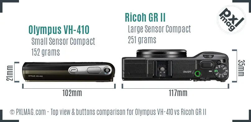Olympus VH-410 vs Ricoh GR II top view buttons comparison Olympus VH-410 vs Ricoh GR II top view buttons comparison