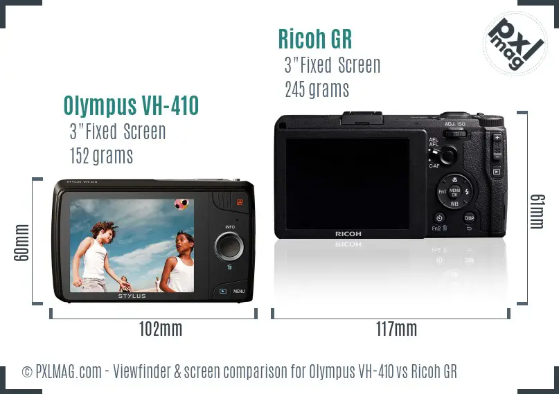 Olympus VH-410 vs Ricoh GR Screen and Viewfinder comparison