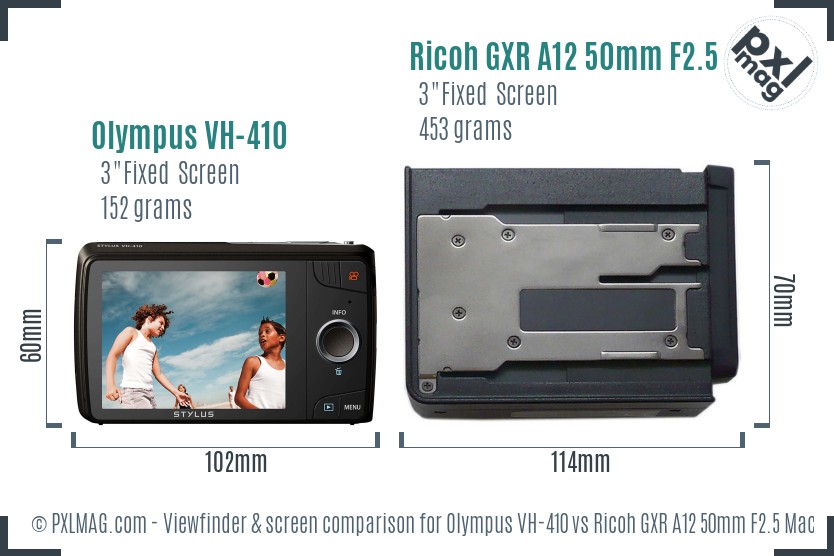 Olympus VH-410 vs Ricoh GXR A12 50mm F2.5 Macro Screen and Viewfinder comparison
