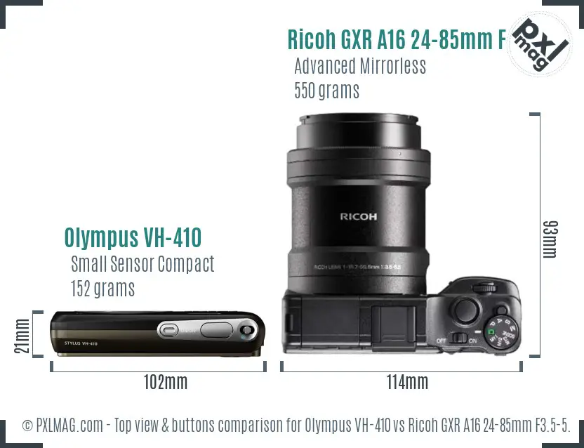 Olympus VH-410 vs Ricoh GXR A16 24-85mm F3.5-5.5 top view buttons comparison