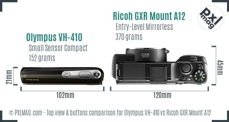 Olympus VH-410 vs Ricoh GXR Mount A12 top view buttons comparison Olympus VH-410 vs Ricoh GXR Mount A12 top view buttons comparison