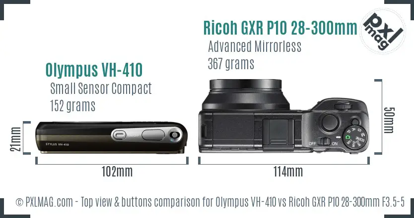 Olympus VH-410 vs Ricoh GXR P10 28-300mm F3.5-5.6 VC top view buttons comparison Olympus VH-410 vs Ricoh GXR P10 28-300mm F3.5-5.6 VC top view buttons comparison