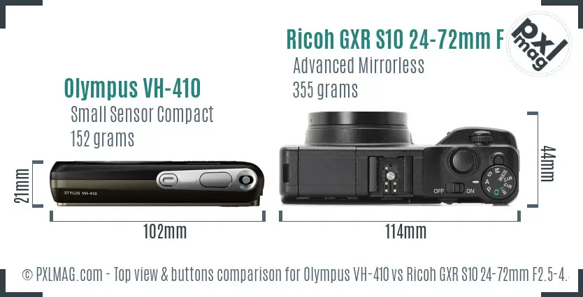 Olympus VH-410 vs Ricoh GXR S10 24-72mm F2.5-4.4 VC top view buttons comparison