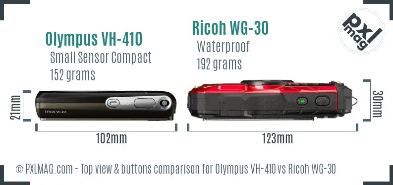 Olympus VH-410 vs Ricoh WG-30 top view buttons comparison