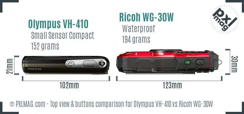 Olympus VH-410 vs Ricoh WG-30W top view buttons comparison