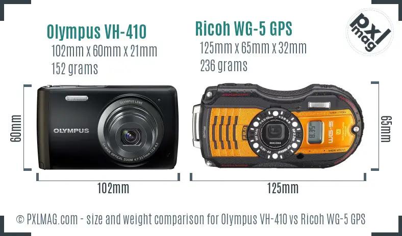 Olympus VH-410 vs Ricoh WG-5 GPS size comparison Olympus VH-410 vs Ricoh WG-5 GPS size comparison