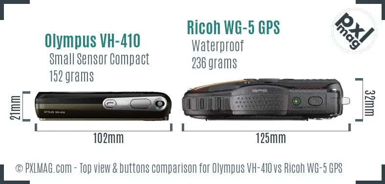 Olympus VH-410 vs Ricoh WG-5 GPS top view buttons comparison Olympus VH-410 vs Ricoh WG-5 GPS top view buttons comparison