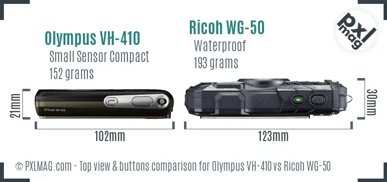 Olympus VH-410 vs Ricoh WG-50 top view buttons comparison Olympus VH-410 vs Ricoh WG-50 top view buttons comparison