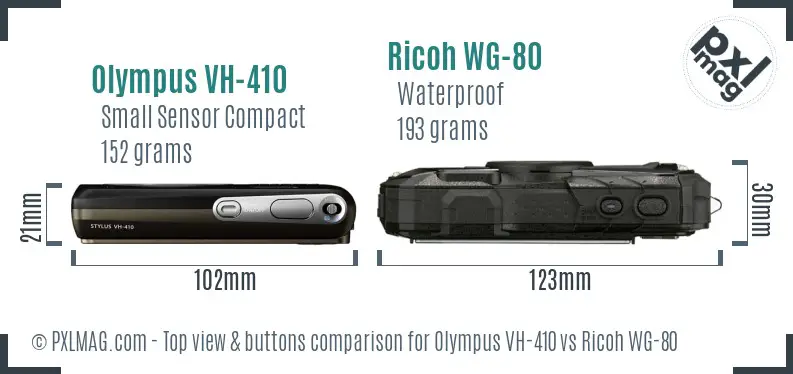 Olympus VH-410 vs Ricoh WG-80 top view buttons comparison Olympus VH-410 vs Ricoh WG-80 top view buttons comparison