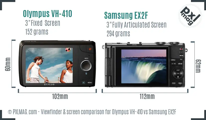 Olympus VH-410 vs Samsung EX2F Screen and Viewfinder comparison