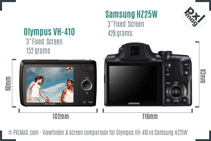 Olympus VH-410 vs Samsung HZ25W Screen and Viewfinder comparison