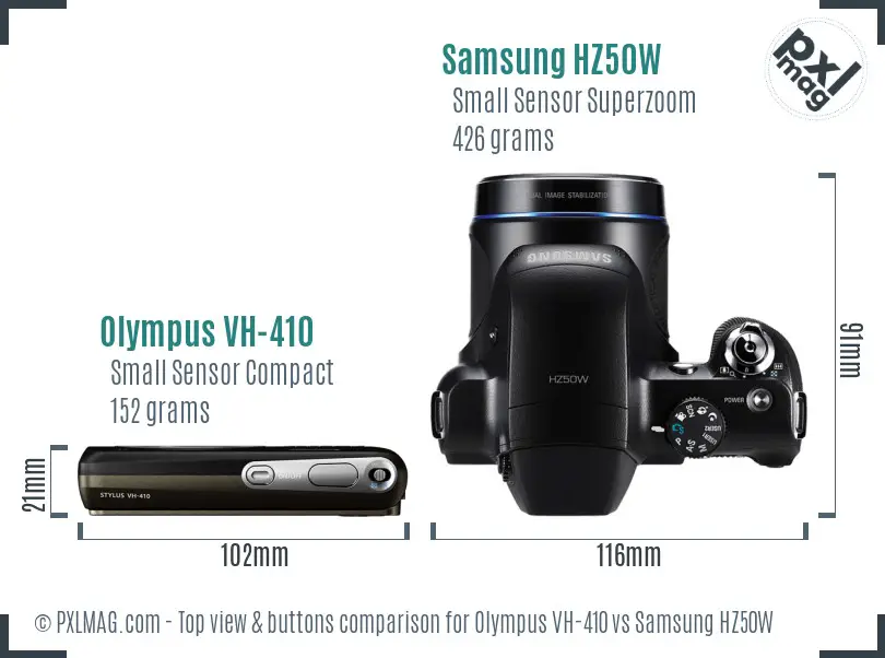 Olympus VH-410 vs Samsung HZ50W top view buttons comparison