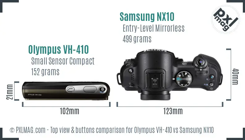 Olympus VH-410 vs Samsung NX10 top view buttons comparison Olympus VH-410 vs Samsung NX10 top view buttons comparison