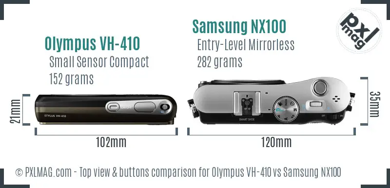 Olympus VH-410 vs Samsung NX100 top view buttons comparison Olympus VH-410 vs Samsung NX100 top view buttons comparison