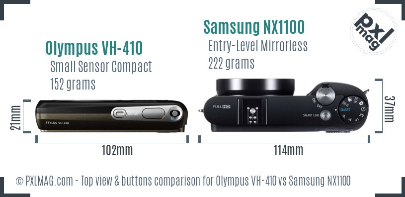 Olympus VH-410 vs Samsung NX1100 top view buttons comparison