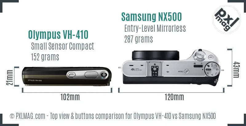 Olympus VH-410 vs Samsung NX500 top view buttons comparison