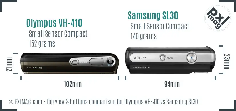 Olympus VH-410 vs Samsung SL30 top view buttons comparison Olympus VH-410 vs Samsung SL30 top view buttons comparison