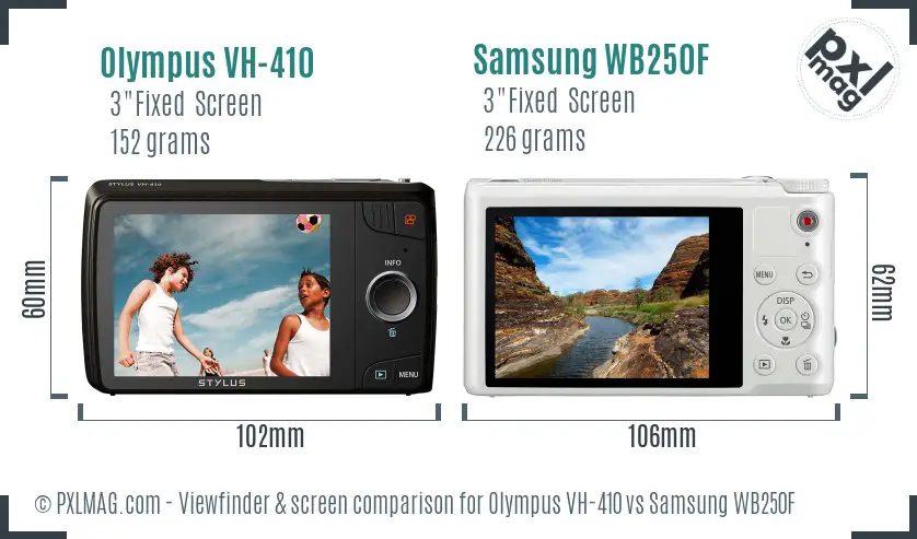 Olympus VH-410 vs Samsung WB250F Screen and Viewfinder comparison