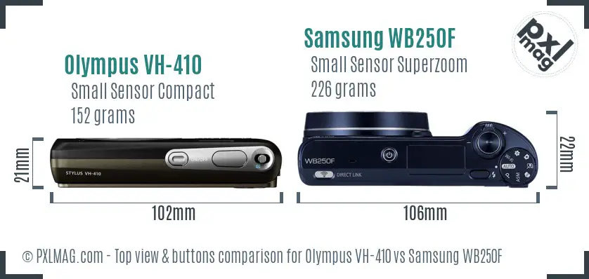 Olympus VH-410 vs Samsung WB250F top view buttons comparison