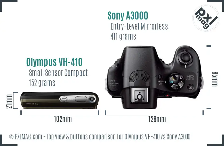 Olympus VH-410 vs Sony A3000 top view buttons comparison Olympus VH-410 vs Sony A3000 top view buttons comparison
