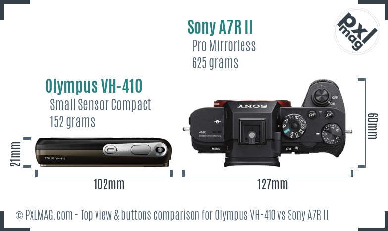 Olympus VH-410 vs Sony A7R II top view buttons comparison