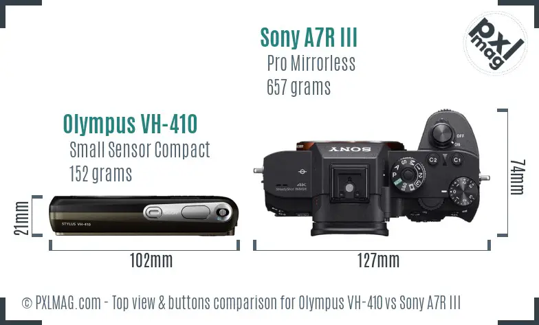 Olympus VH-410 vs Sony A7R III top view buttons comparison