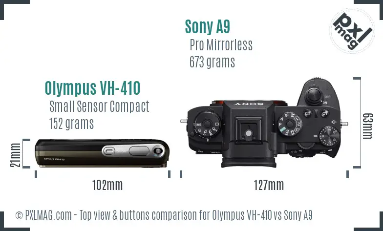 Olympus VH-410 vs Sony A9 top view buttons comparison