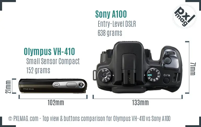 Olympus VH-410 vs Sony A100 top view buttons comparison