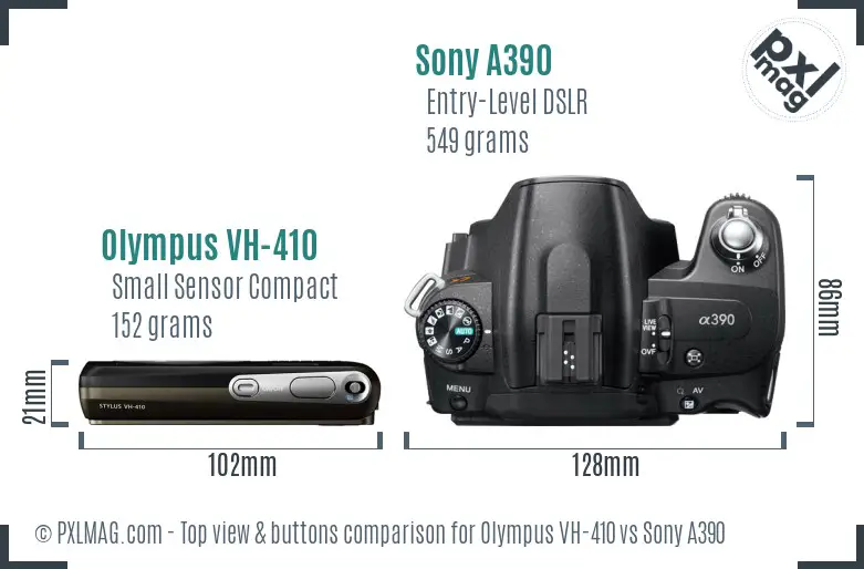 Olympus VH-410 vs Sony A390 top view buttons comparison