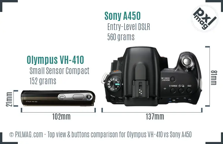 Olympus VH-410 vs Sony A450 top view buttons comparison